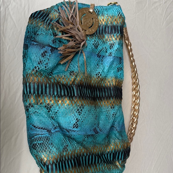 Elegant Turquoise and Gold Women's Shoulder Bag genuinely python skin